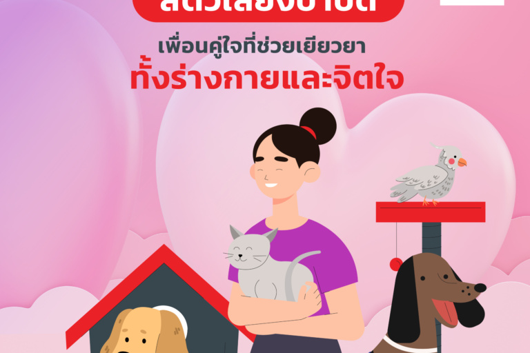 บทความ1_เดือนสิงหาคม 2568-02 ภาพการ์ตูนผู้หญิงเสื้อม่วงอุ้มแมวสีเทาและสุนัข 2 ตัวยืนข้างๆ